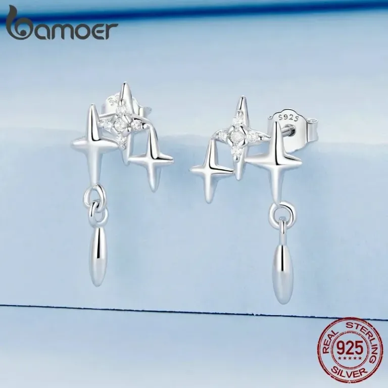 Stern-Ohrstecker! Drei kleine hängende Sterne mit Zirkonia-Kristallen | 925 Silber Ohrringe brand: Bamoer