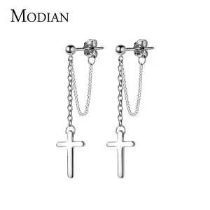 Kreuz Ohrhänger mit langen Ketten, Front-Back Ohrstecker, Gothic | 925 Silber Ohrringe brand: Modian