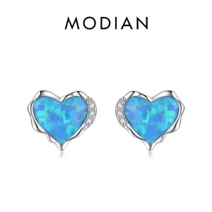 Blaue Opal-Herzen! 3D Herz-Ohrstecker mit kleinen Zirkonia, Modian | 925 Silber Ohrringe brand: Modian