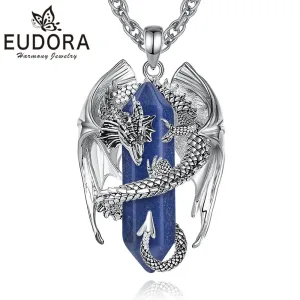 Blauer Drache, Silberdrache an Lapislazuli Kristall, Drachenschmuck Halskette | Edelstein Anhänger brand: Eudora