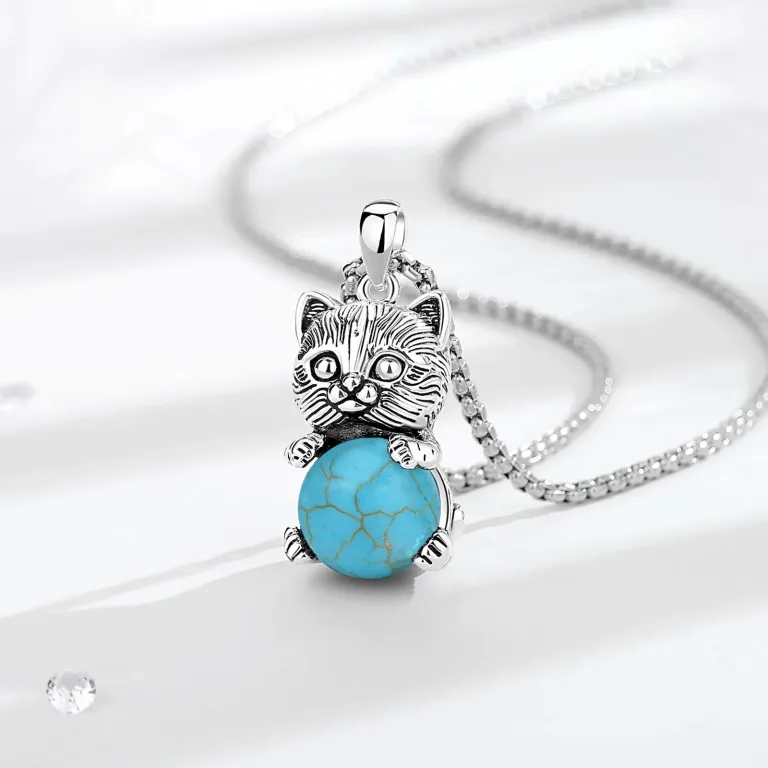 Katze mit Türkis-Kugel, Süßer 3D Katzen-Anhänger mit Halskette | Edelstein Schmuck brand: Eudora