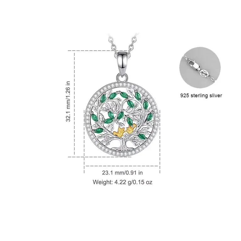 Romantik! Lebensbaum-Herz mit Gold-Vögeln, Grün funkelnde Zirkonia-Kristalle | 925 Silber Anhänger brand: Eudora