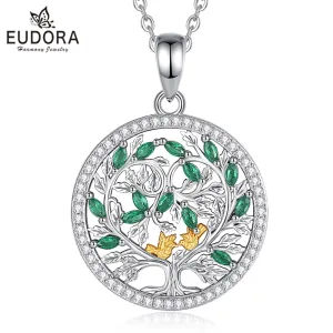 Romantik! Lebensbaum-Herz mit Gold-Vögeln, Grün funkelnde Zirkonia-Kristalle | 925 Silber Anhänger brand: Eudora