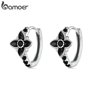 Schwarze Blumen Creolen! Kleine Emaille Blüten mit Zirkonia, Gothic Trauerschmuck | 925 Silber Ohrringe brand: Bamoer