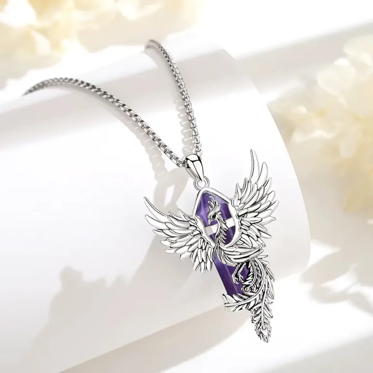 Amethyst Phönix! Feuervogel mit lila Hexagon-Kristall, Damen & Herren | Edelstein Halskette brand: Eudora