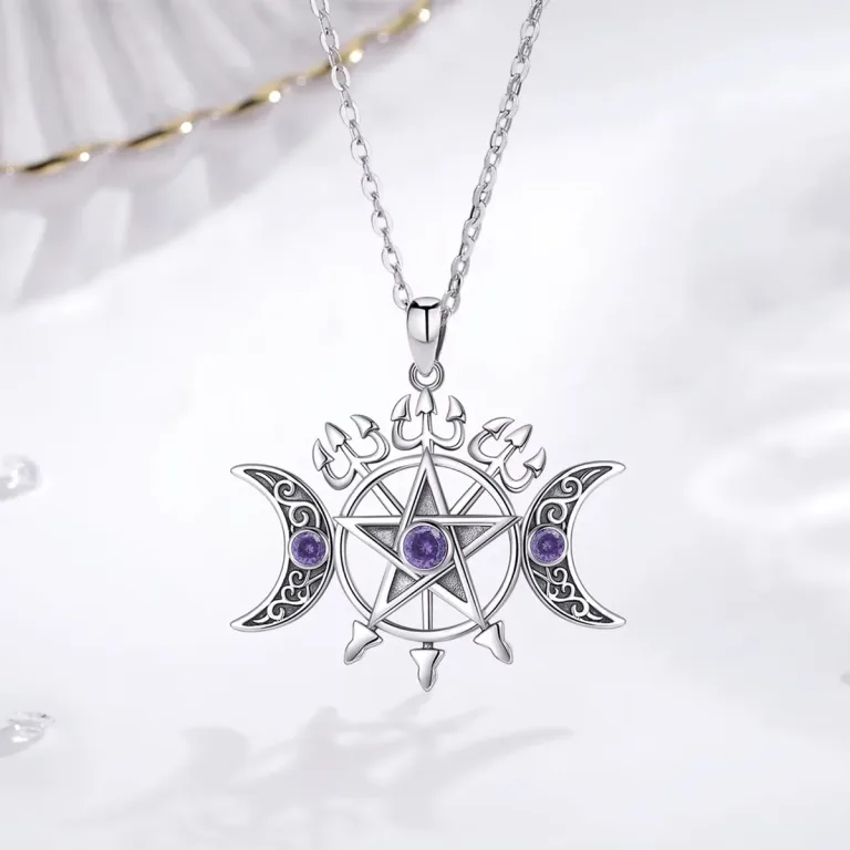 Hexen-Amulett mit Pentagramm, dreifaltigem Mond und lila Zirkonia, Wicca Gothic | 925 Silber Anhänger brand: Eudora