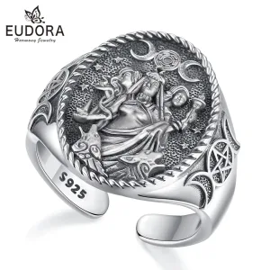 Hexen Ring! Antiker Hekate Siegelring, Dreifaltige Wicca Mondgöttin, verstellbar | 925 Vintage Silber brand: Eudora