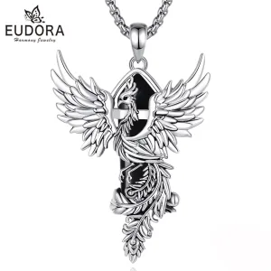 Schwarzer Phönix! Feuervogel mit Obsidian, Hexagon-Kristall, Damen & Herren | Edelstein Halskette brand: Eudora