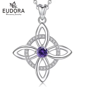 Lila Blüte, Keltischer Knoten mit klaren Zirkonia-Kristallen, Romantik Halskette | 925 Silber Anhänger brand: Eudora