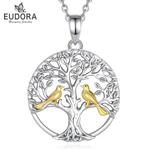 Lebensbaum-Anhänger mit Gold-Vögeln, Natur Romantik, Vogel-Paar | 925 Silber Halskette brand: Eudora
