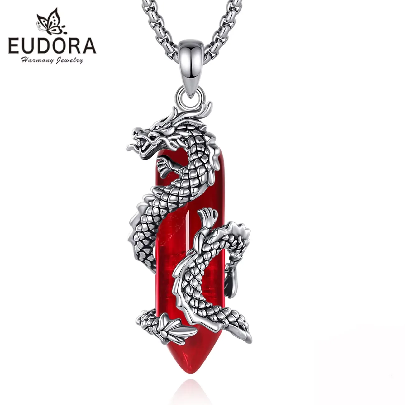 Roter Drache! Chinesischer Glücksdrache an Karneol Kristall, mit Halskette | Edelstein Anhänger Halskette: Roter Drache, chinesischer Glücksdrache aus Karneol Kristall. Edelstein Anhänger mit Kette.