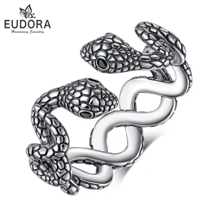 Doppelter Schlangenring, 925 Silber. Verstellbarer Damen und Herren Ring im DNA Helix Design mit detaillierter Schuppenstruktur.