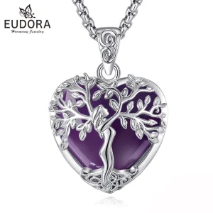 Silberner Lebensbaum Herz Anhänger mit lila Amethyst Heilstein. Baumgöttin Halskette für Damen, spiritueller Edelstein Schmuck. Geschenkidee für Freundin oder Frau. Esoterischer Talisman mit Baum des Lebens Motiv.