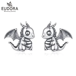 Silberne Drachen Ohrstecker aus 925 Sterling Silber. Süße Drachenbaby Ohrringe im Vintage-Stil, ideal für Gothic-Mädchen und Fantasy-Fans. Detailreiche, oxidierte Silberohrringe in Geschenkbox, perfektes Geschenk für Damen und Kinder.