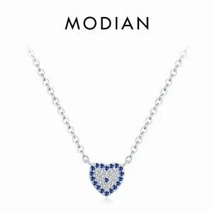925 Silber Collier: Blau-weißes Zirkonia Herz Nazar Auge Halskette. Romantische Kette mit Böser Blick Herzanhänger.