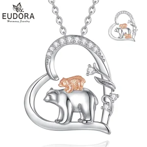 Herz Bären-Mutter Halskette: 925 Silber Anhänger mit Rotgold Babybär und Zirkonia im Herz. Mutterliebe Schmuck Geschenkidee.