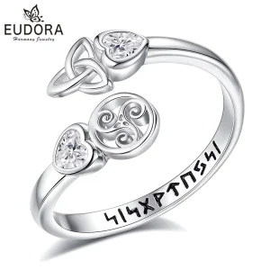 Keltischer Romantik Runenring: 925 Silber Ring mit Triskele, Zirkonia-Herzen & Runen-Gravur. Offenes Wrap-Design, keltischer Knoten.