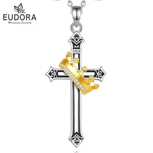 Kreuz + Krone Anhänger: Teilvergoldetes Kreuz mit Zirkonia-Kristall Krone, Jesus Halskette aus 925 Silber, filigraner Silberschmuck