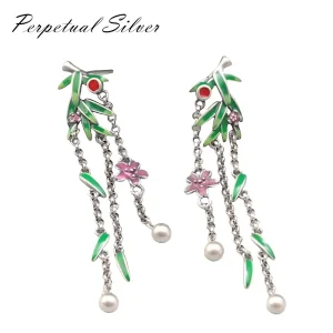 Bambus Ohrhänger mit Emaille, 925 Silber Ohrstecker. Lange Ketten, Natur-Design, Asia Ohrringe mit Perlen. Hängeohrringe im floralen Stil.