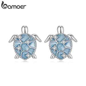 Blaue Schildkröten Ohrstecker, 925 Silber. Emaille Meeresschildkröten Ohrringe mit glitzernden Zirkonia Details. Schmuck für Damen.