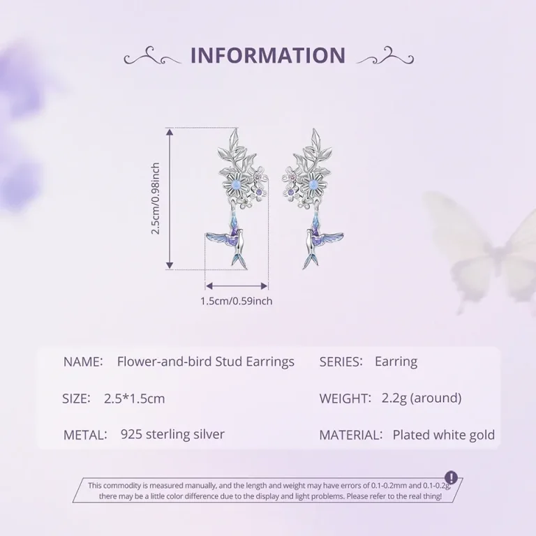 Blumen-Ohrringe mit Vögeln, 925 Silber Ohrstecker: Frühlings-Emaille Ohrhänger, blau-lila Kolibri, filigrane Blüten, Maße.