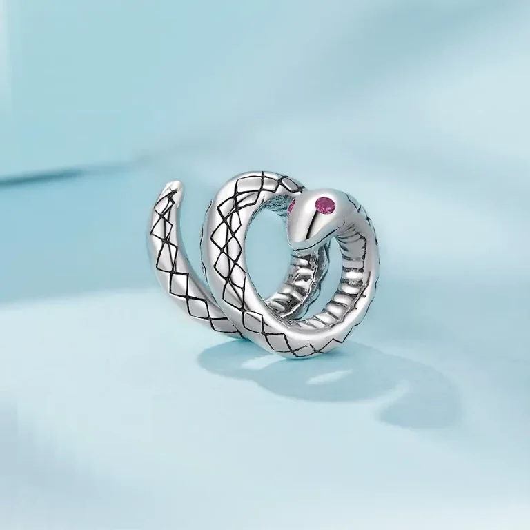 3D Schlange! Süßer Schlangen-Bead für Pandora Armband. 925 Silber Charm mit pinken Augen, Schlangenmuster, Tier Charm.
