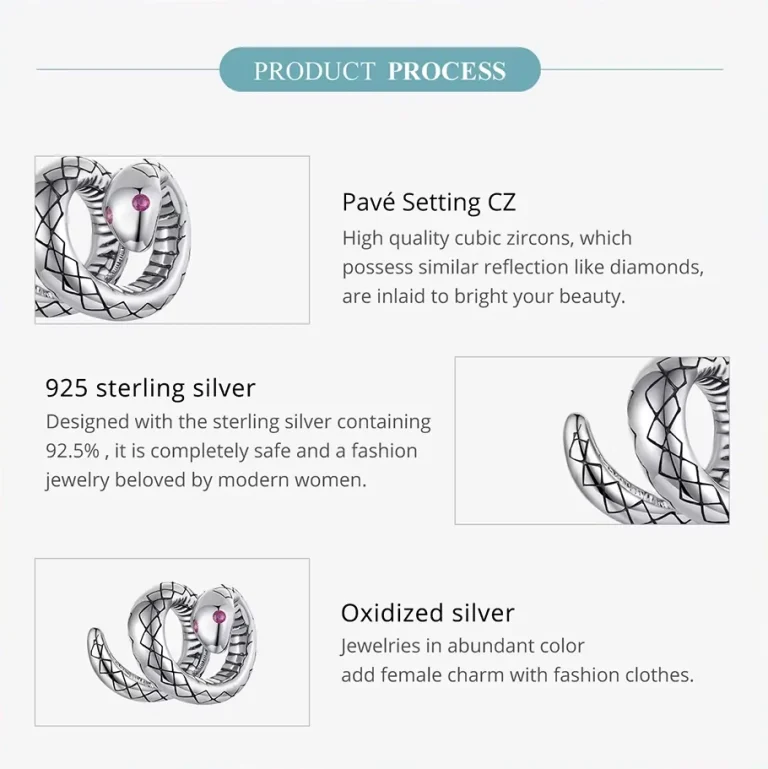 3D Schlange Charm aus 925 Silber für Pandora Armband. Süßer Schlangen-Bead mit detaillierter Schuppenstruktur und pinken Augen.