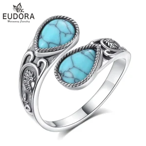 Breiter Vintage Türkis-Ring: Wrap-Design mit zwei Türkis-Tropfen & Sonnenblumen, verstellbarer 925 Silberring mit filigranen Details.