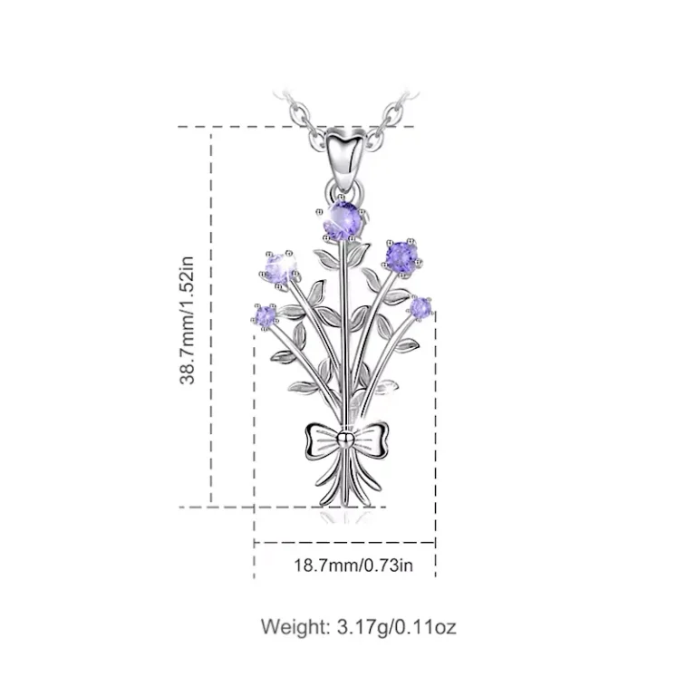 Lila Blumenstrauß Halskette, 925 Silber Anhänger mit violetten Zirkonia-Blüten. Glückwunsch-Halskette im Landhausstil mit Schleife.
