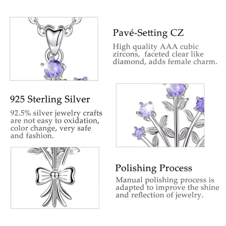 Lila Blumenstrauß Halskette: 925 Silber Anhänger mit violetten Zirkonia Blüten, filigranes Landhaus Design, glänzende Oberfläche. Glückwunsch-Halskette.