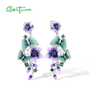 Emaille-Ohrhänger: Schmetterlings-Blüten! Violette Blumen, grüne Schmetterlinge. 925 Silber Ohrringe mit Emaille-Details und grünen Zirkonia.