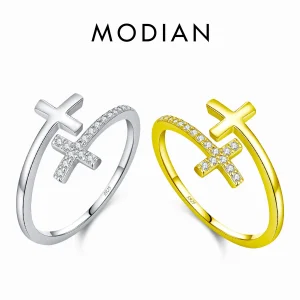 Gold und Silber Doppelkreuz Ring: Offener 925 Silberring mit Zirkonia, verstellbarer Wrap-Ring mit Kreuzen, filigran und glänzend.