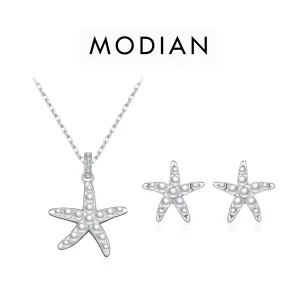 925 Silber Schmuckset: Maritimes Seestern-Set mit Perlen. Halskette und Ohrstecker mit kleinen, glänzenden Perlen besetzt.