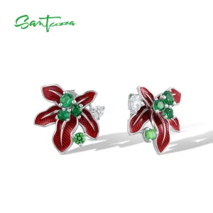 3D Weihnachtsstern-Ohrstecker: Rot-grüne Emaille Poinsettia aus 925 Silber mit Kristallen. Festliche Ohrringe für Weihnachten, detailreich.