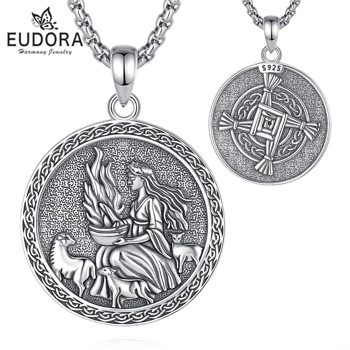 Brigid's Cross Silberkette Brigid's Cross Amulett: 925 Silber Halskette mit Feuergöttin Motiv. Heidnisches Wicca Hexen Amulett für Imbolc mit filigranem Design.