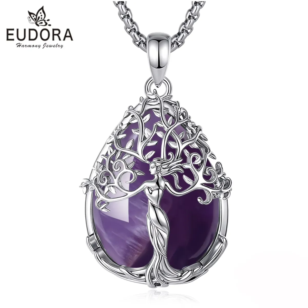 Lebensbaum Göttin Amethyst Halskette Lebensbaum Göttin Halskette: Baumgöttin Schmuck mit lila Amethyst-Tropfen. Filigrane Edelstein-Halskette mit Baum des Lebens Anhänger.