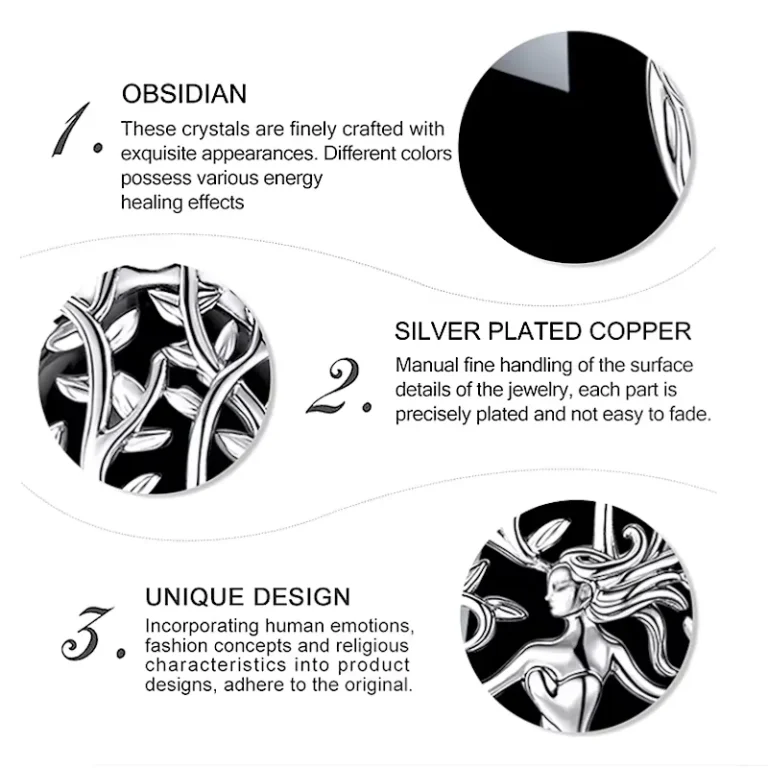 Lebensbaum Göttin Halskette: Baumgöttin Anhänger aus schwarzem Obsidian-Tropfen, filigranes Silber-Design. Edelstein Schmuck Detail.