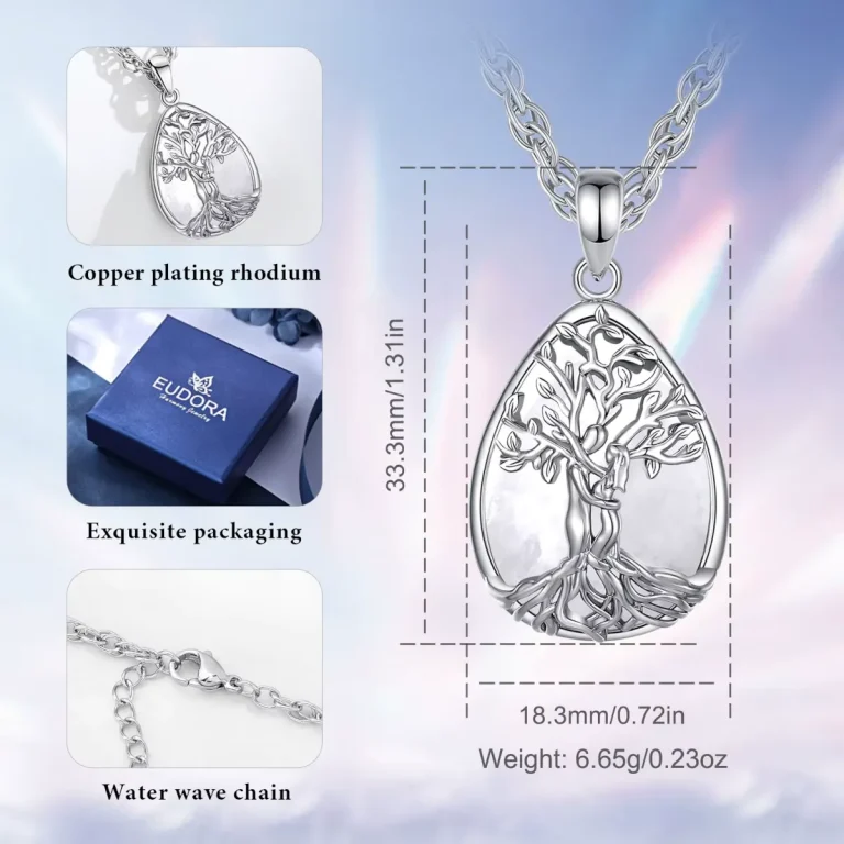 Lebensbaum Liebespaar Quarz-Kristall Halskette: Silberner Baum der Liebe Anhänger mit filigranem Paar-Motiv auf schimmerndem Quarz-Tropfen. Romantischer Edelstein Schmuck.