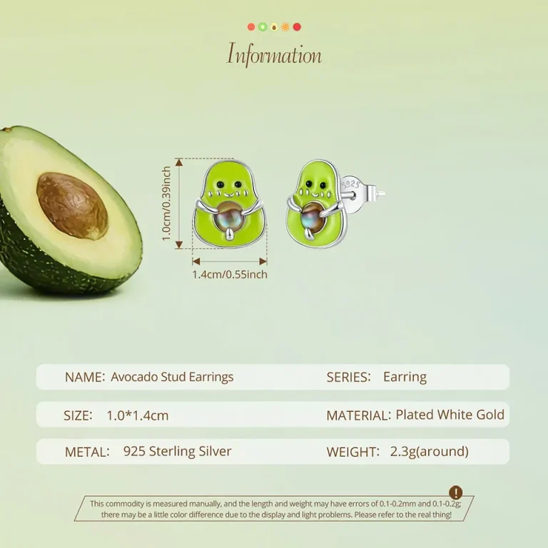 Lustige 3D Avocado Ohrringe, grüne Emaille, 925 Silber Ohrstecker. Frucht-Schmuck mit Gute Laune Garantie. Detail: Silberstift Verschluss