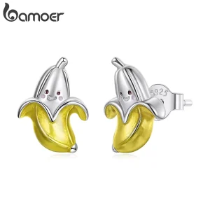 Lustige 3D Bananen-Ohrringe: Bicolor Frucht-Schmuck aus 925 Silber und Gold. Gute Laune Ohrstecker mit freundlichem Gesicht.