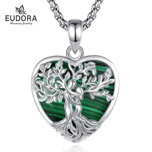 Malachit Herz Halskette mit Liebespaar im Lebensbaum. Edelstein Schmuck, Paar-Schmuck. Romantische Halskette mit silbernem Baum und grünem Malachit.