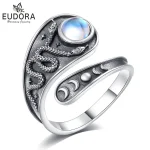 Vintage Mondstein Schlange Ring, 925 Antik Silber Löffelring mit Mondphasen Design, verstellbarer Wrap-Ring für Hexenschmuck Liebhaber.