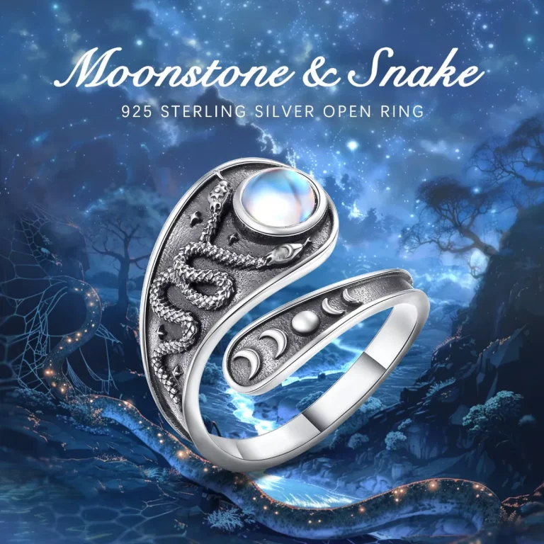 Vintage Mondstein Schlange Ring, 925 Silber Löffelring mit Mondphasen, verstellbarer Wrap-Ring. Hexenschmuck im Antik-Stil.