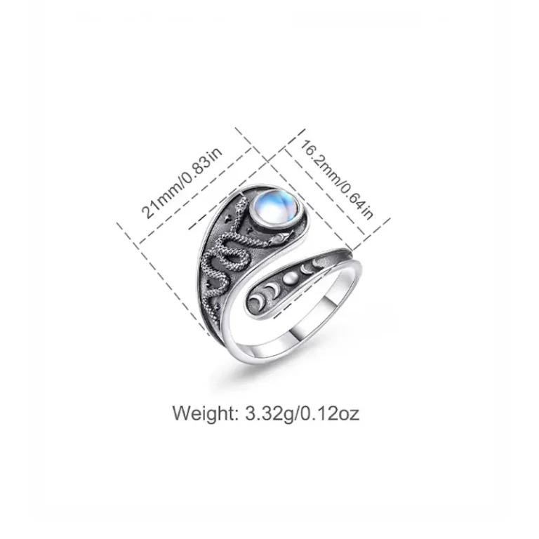 Verstellbarer Mondstein-Schlange Ring: 925 Antik Silber Löffelring mit Mondphasen und detailreicher Schlangengravur, idealer Hexenschmuck Wrap-Ring.