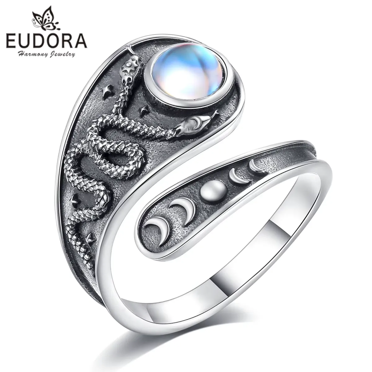 Mondstein Schlange Ring 925 Silber Vintage Mondstein Schlange Ring, 925 Antik Silber Löffelring mit Mondphasen Design, verstellbarer Wrap-Ring für Hexenschmuck Liebhaber.