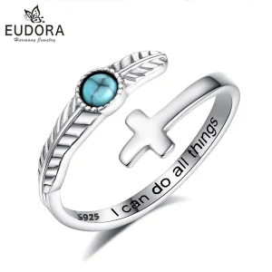 925 Silberring: Vogelfeder Türkis Kreuz Wrap-Ring im Indianer Boho Stil mit Gravur. Verstellbarer Schmuck für spirituelle Looks.