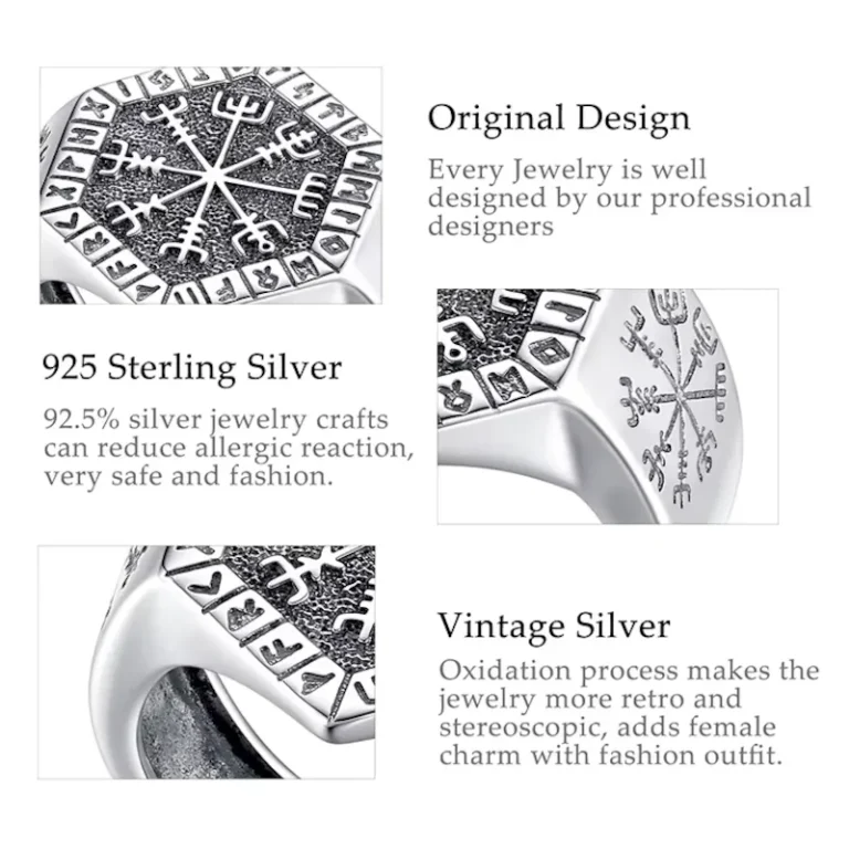 Wikinger Kompass Siegelring Herren: Verstellbarer Runenring Vegvísir in 925 Vintage Silber, detailreiche Runen-Gravur, offener Ring