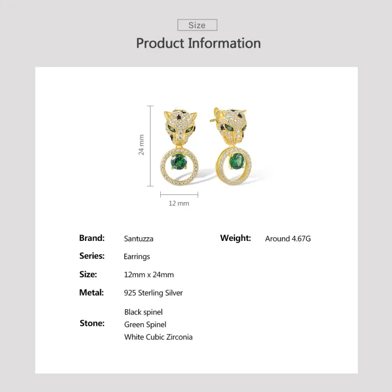 Goldene Leoparden Ohrringe mit grünem Spinell und Zirkonia-Pavé. 925 Silber Ohrhänger im Panther Design. Luxuriöser Schmuck mit edlen Details.