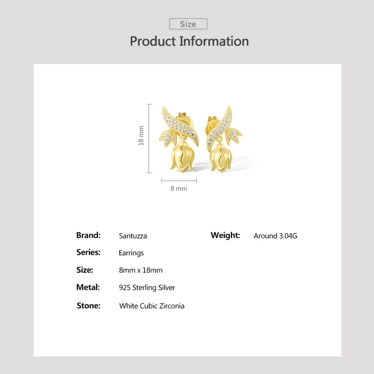 Goldene Maiglöckchen Ohrstecker mit Zirkonia, 925 Silber Ohrringe. Detail: Blüte und funkelnde Zirkonia-Verzierung auf filigranen Blättern.