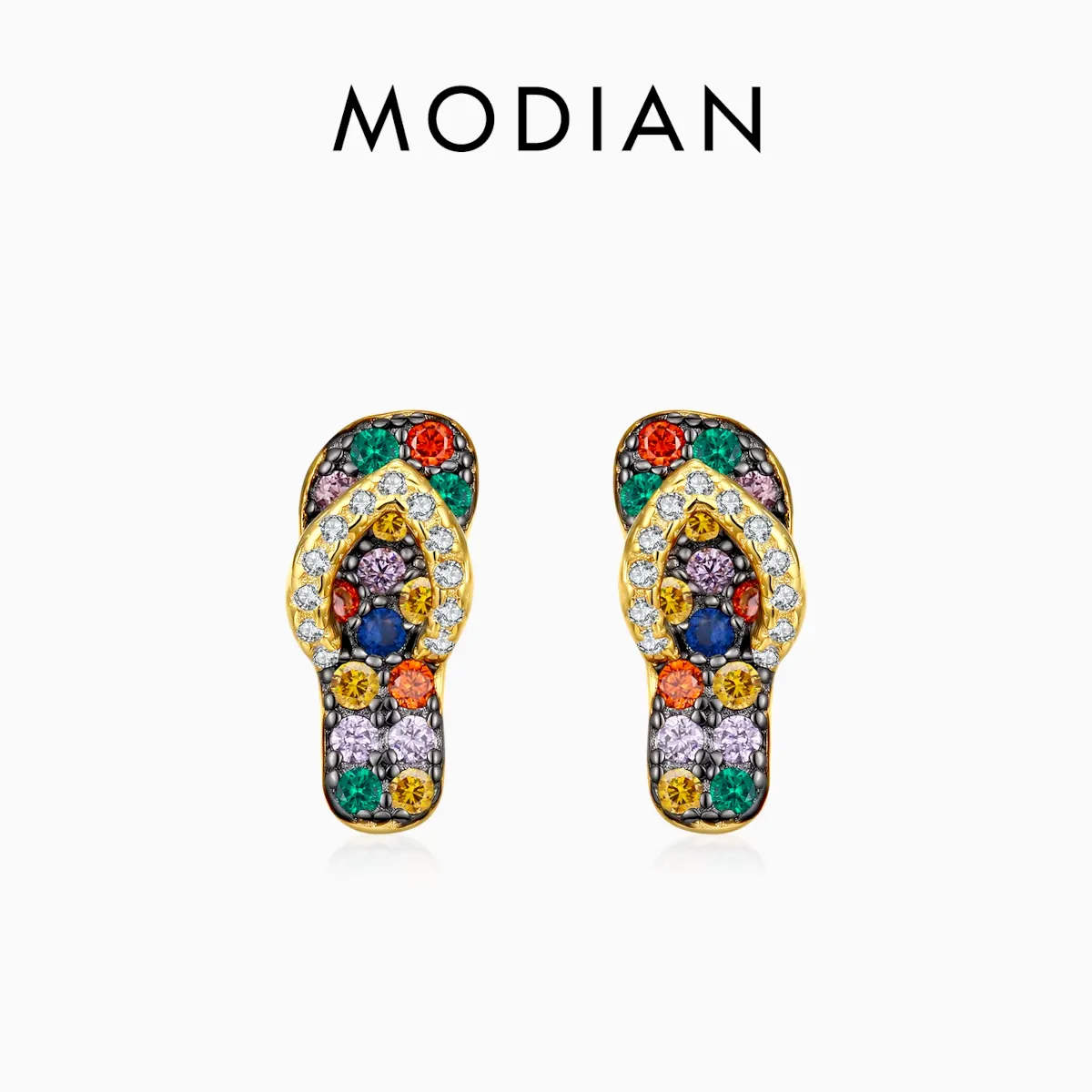 Flip-Flop Ohrstecker: Goldene 925 Silber Sandalen mit bunten Zirkonia-Steinen Goldene Flip-Flop Ohrstecker mit bunten Zirkonia-Steinen: Sommerliche 925 Silber Ohrringe, vergoldet. 3D Sandalen-Design mit farbigem Zirkonia-Pavé. Urlaubs-Schmuck für Damen im Detail.